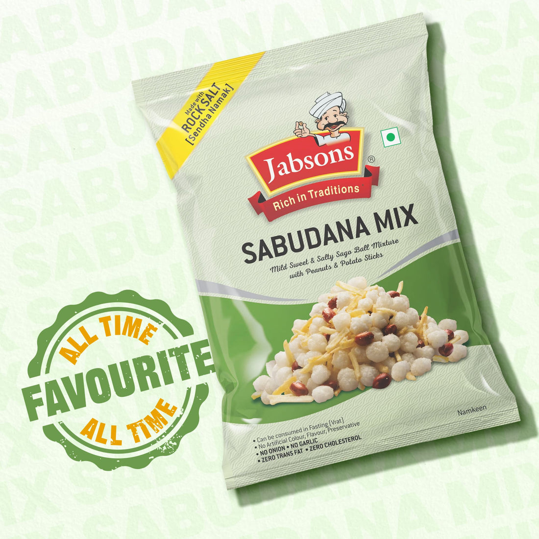 Packaging of Jabsons Sabudana Mix, showing the product name and a picture of the snack, which includes sago balls and peanuts.